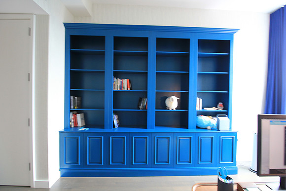 Custom built-in bookshelves and wall unit at 111 Murray str. Skyscraper, Manhattan by OzanCraft NYC.